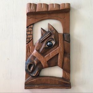 Vintage Horse in Stable Wooden Art Carving Decor